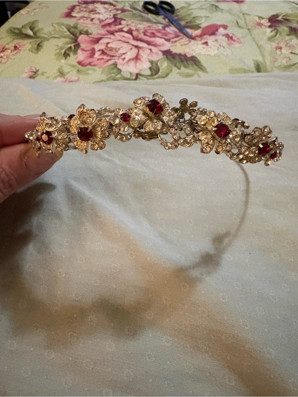 Silver Floral Crystal Tiara with Red Gem Accents